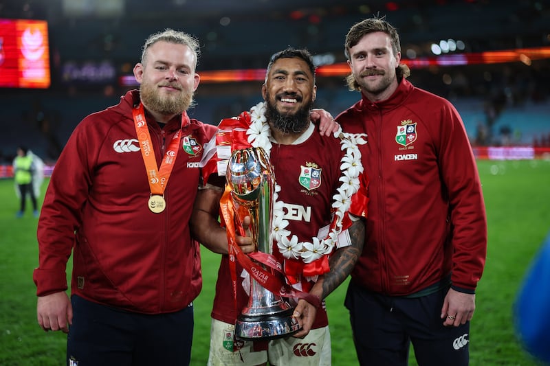Bundee Aki (centre) with Lions, Ireland and Connacht team-mates Finlay Bealham (left) and Mack Hansen (right) after the third Test in Sydney. Photograph: James Crombie/Inpho