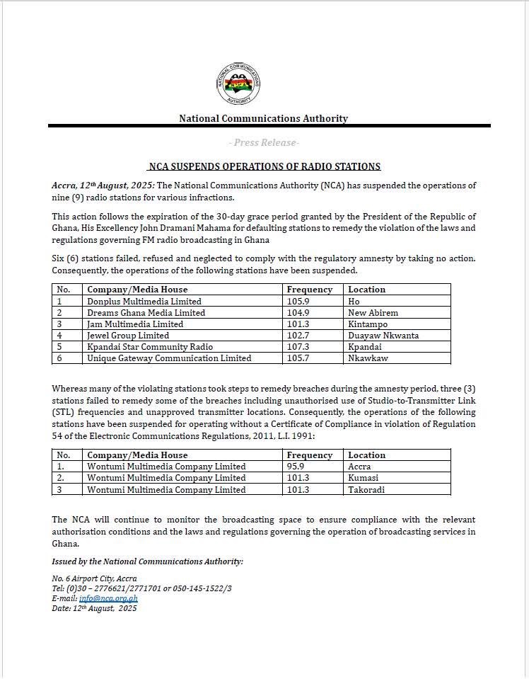 NCA suspends 3 Wontumi radio stations, 6 others for regulatory breaches