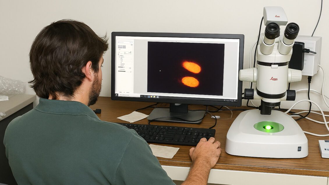Jacob Johnson, a Clemson University master's student, uses a Leica stereo microscope to study Upland cotton.