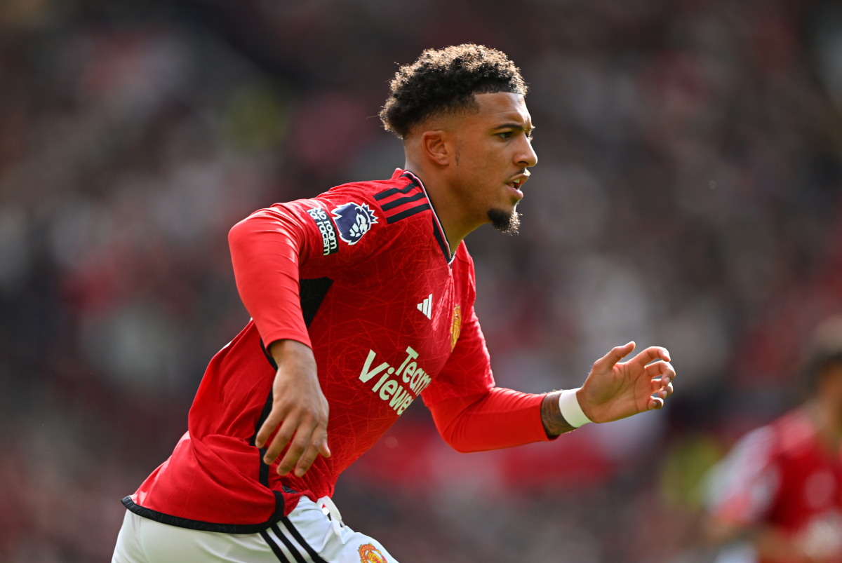 MANCHESTER, ENGLAND - AUGUST 26: Manchester United player Jadon Sancho in action during the Premier League match between Manchester United and Nottingham Forest at Old Trafford on August 26, 2023 in Manchester, England. (Photo by Stu Forster/Getty Images)