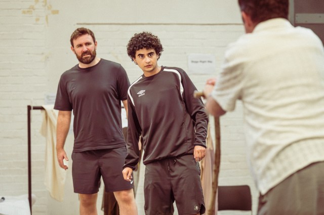 James McArdle (Pentheus) and Roman Asde (Alexis) in rehearsals for Bacchae at the National Theatre. Photographer Marc Brenner 04119