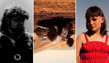 A composite image shows: a man with long, dark hair in a shadowed portrait, an off-road vehicle with the number 737 airborne on a dirt track, and a young girl in a red dress standing outdoors under bright sunlight.