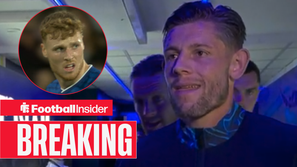 Everton's James Tarkowski liming up before a game and teammate Jake O'Brien during a game looking at him angrily