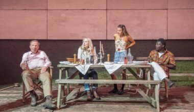 Jonathan Slinger, Hattie Morahan, Nadia Parkes and Terique Jarrett in JUNIPER BLOOD Donmar Warehouse photo by Marc Brenner
