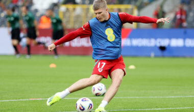 BRUSSELS, BELGIUM - JUNE 09: Jordan James of Wales warms up prior to the FIFA 2026 Qualifier between Belgium and Wales at King Baudouin Stadium on June 09, 2025 in Brussels, Belgium. (Photo by Omar Havana/Getty Images)