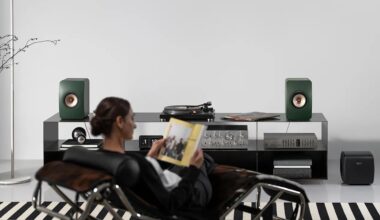 A modern audio setup with two green bookshelf speakers featuring copper-colored cones, a turntable, and audio equipment on a sleek black media console. A black subwoofer is placed on the floor to the right. A person is seated in a black and brown lounge chair in the foreground, reading a book. The room has a minimalist design with a white wall and a black and white striped rug.