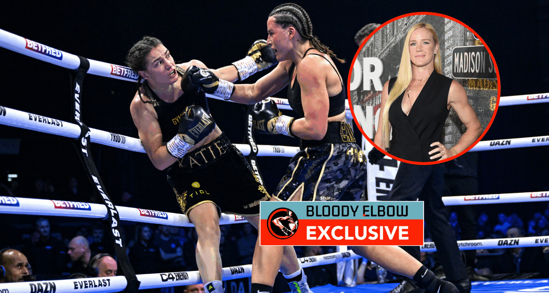 Main photo shows Chantelle Cameron punching Katie Taylor. Bubble shows Holly Holm on a Netflix red carpet