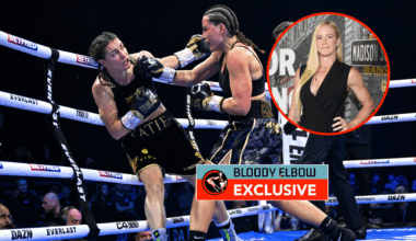Main photo shows Chantelle Cameron punching Katie Taylor. Bubble shows Holly Holm on a Netflix red carpet