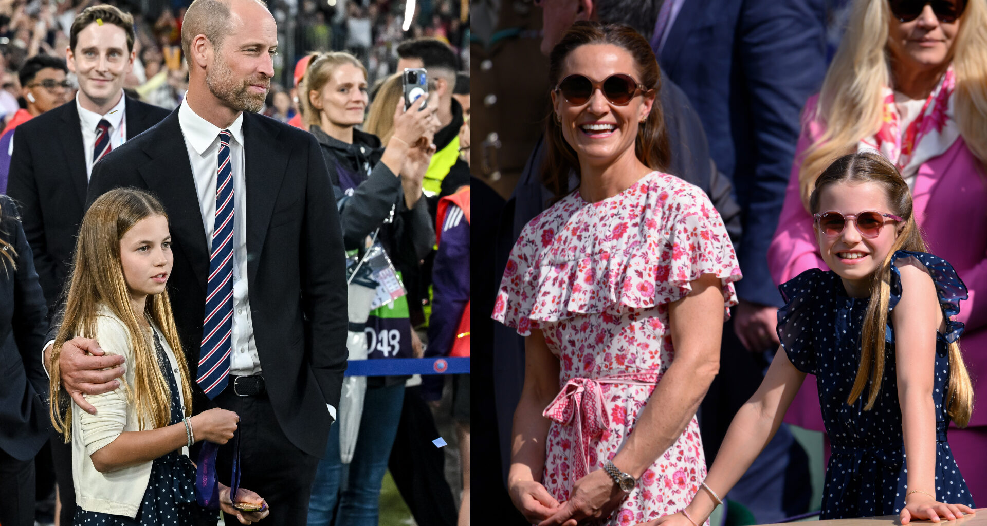 Prince William with his arm around Princess Charlotte; Pippa Middleton standing next to Princess Charlotte and smiling at Wimbledon
