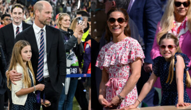 Prince William with his arm around Princess Charlotte; Pippa Middleton standing next to Princess Charlotte and smiling at Wimbledon