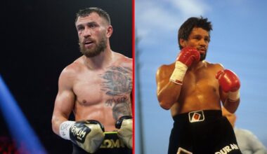 Split image of Vasiliy Lomachenko and Roberto Duran boxing