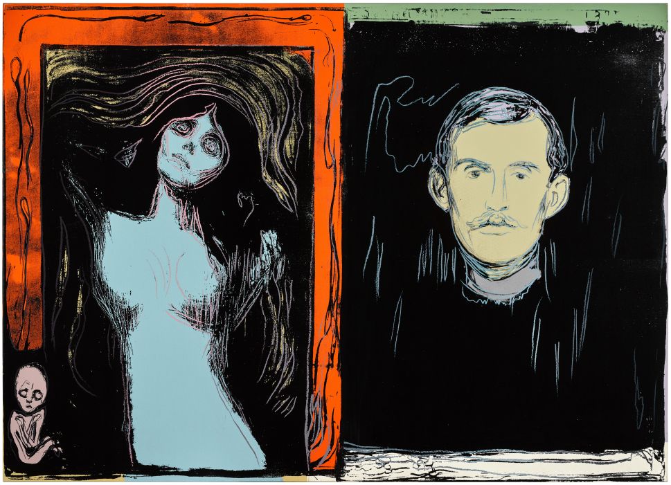 A vibrant diptych by Andy Warhol titled Madonna and Self-Portrait with Skeleton’s Arm (After Munch) reinterprets Edvard Munch’s imagery with Pop Art flair. On the left, a ghostly, pale blue nude woman with exaggerated eyes and flowing dark hair appears against a black background framed in fiery orange, with a skeletal infant-like figure curled in the corner. 