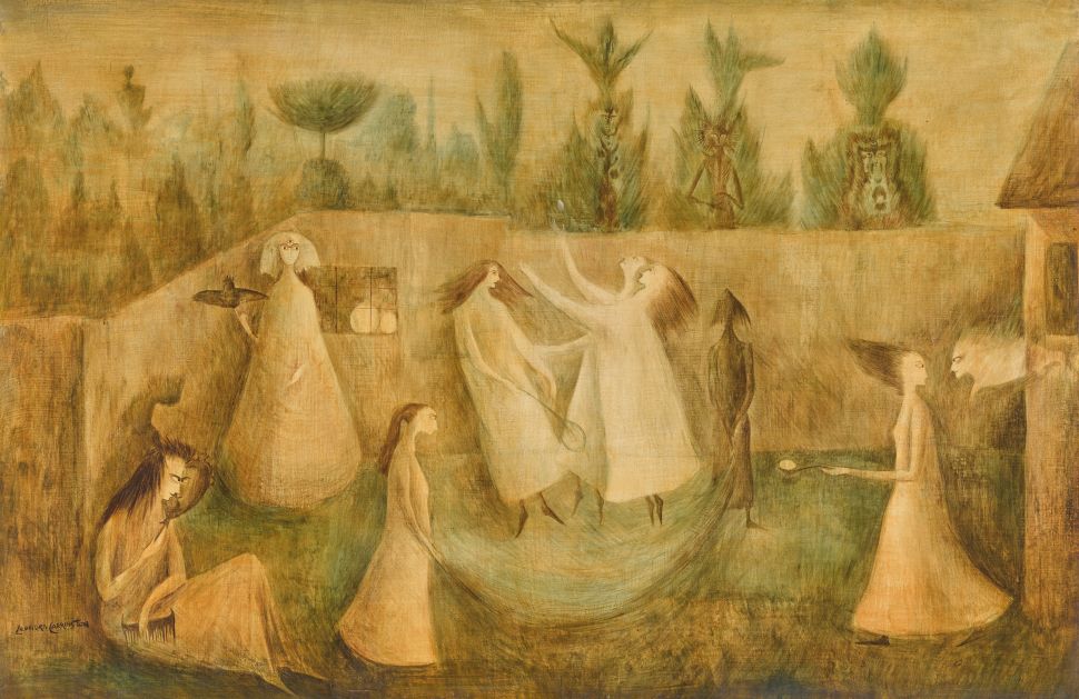 A dreamlike painting by Leonora Carrington titled The Hour of Angelus shows a surreal garden scene where elongated, otherworldly female figures engage in mysterious activities—jumping rope, holding birds, and interacting with ghostly presences.