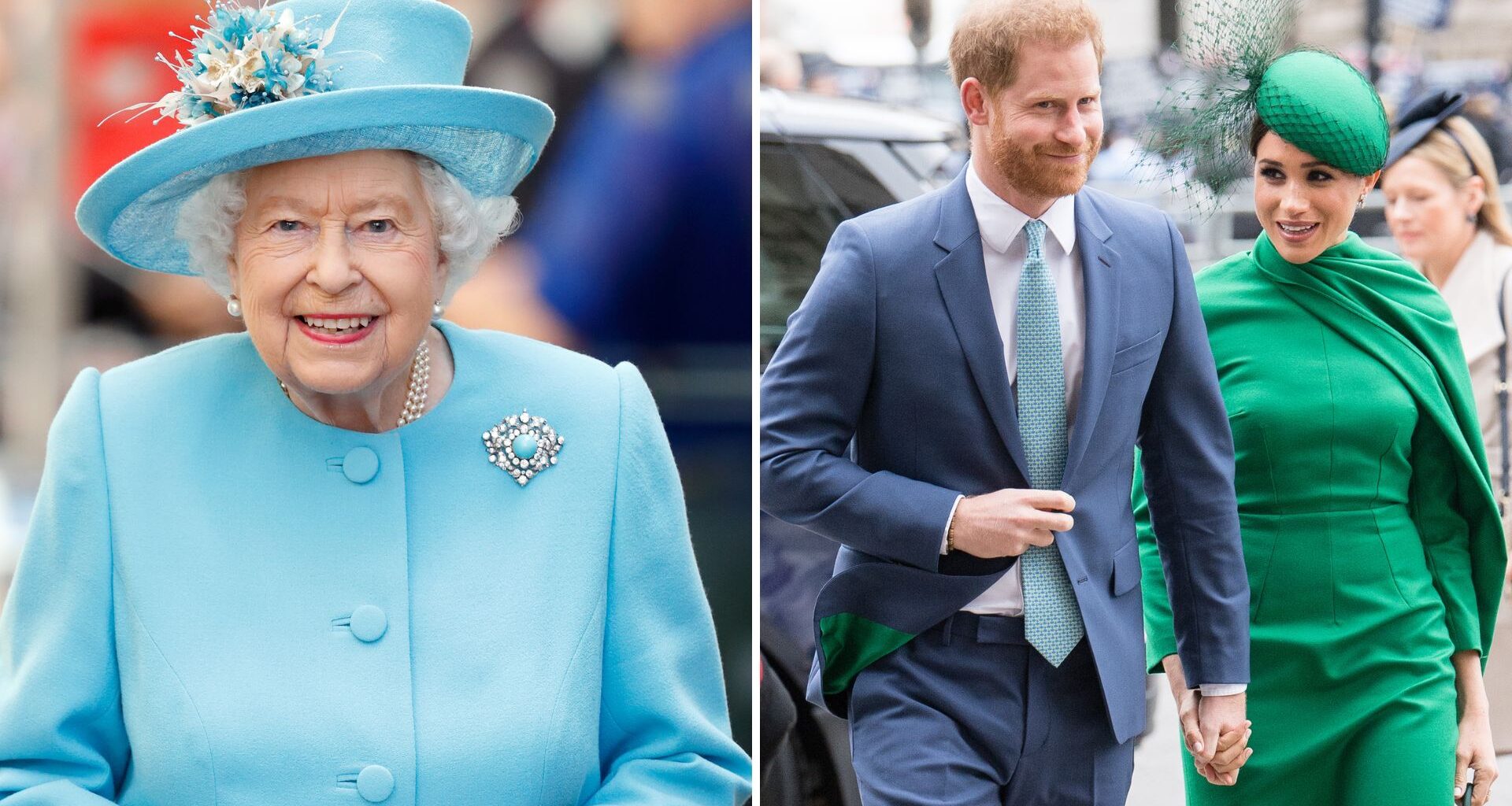 Composite of a picture of Queen Elizabeth in 2019 and a picture of Prince Harry and Meghan in 2020