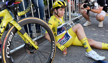 CHAMBERY, FRANCE - AUGUST 01: Kimberley Le Court Pienaar of Mauritius and Team AG Insurance - Soudal - Yellow Leader Jersey reacts after the 4th Tour de France Femmes 2025, Stage 7 a 159.7km stage from Bourg-en-Bresse to Chambery / #UCIWWT / on August 01, 2025 in Bourg-en-Bresse, France. (Photo by Tim de Waele/Getty Images)