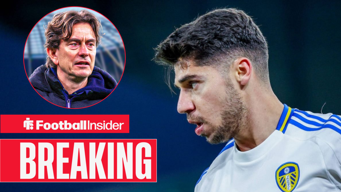 Manor Solomon representing Leeds, with Tottenham boss Thomas Frank in a circular inset