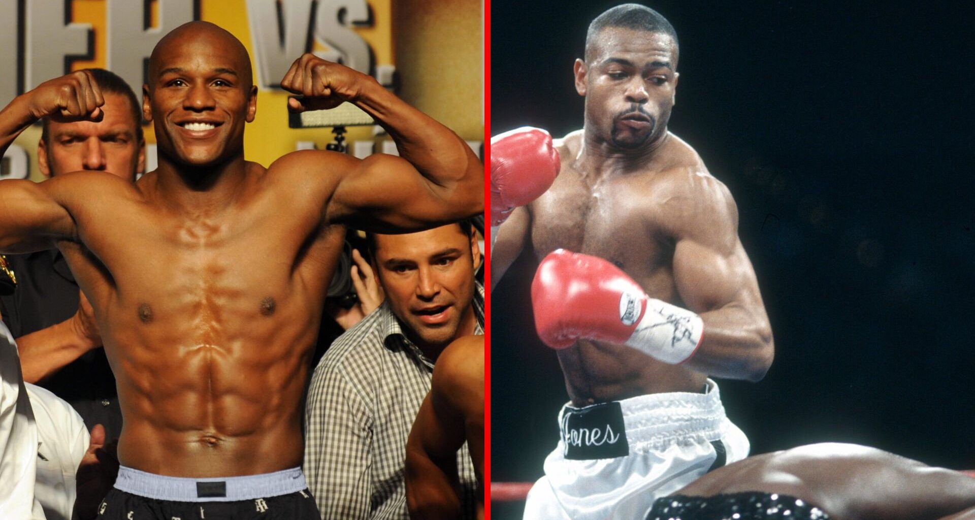 Split image of Floyd Mayweather weighing-in and Roy Jones Jr. fighting