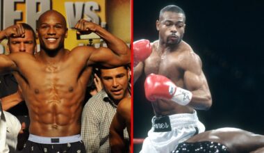 Split image of Floyd Mayweather weighing-in and Roy Jones Jr. fighting