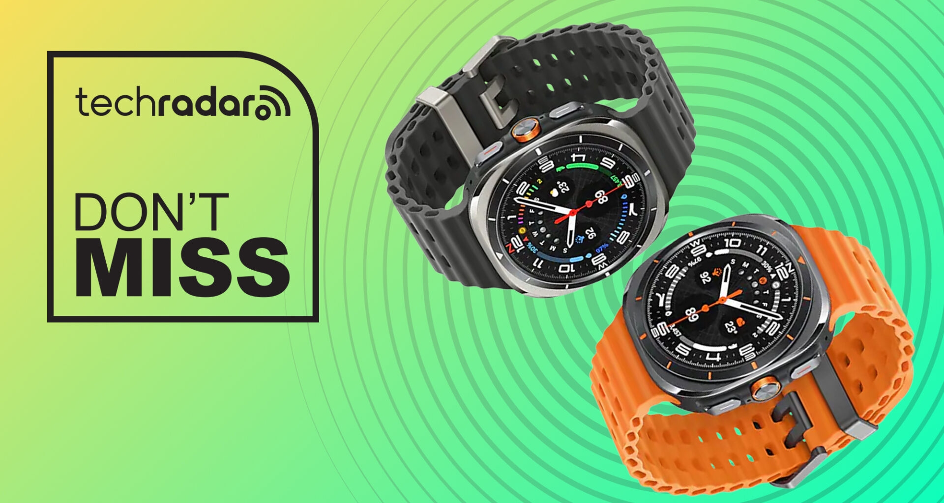 Two Samsung Galaxy Watch Ultras on a green background