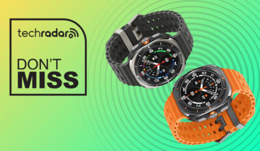 Two Samsung Galaxy Watch Ultras on a green background