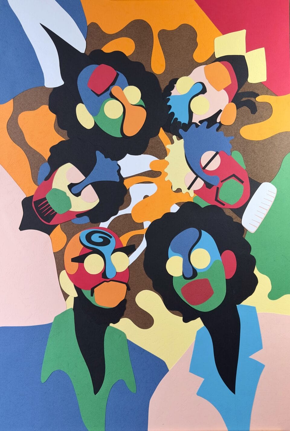 an abstract paper collage by Lawrence Meju featuring figures arranged in a circle with heads together