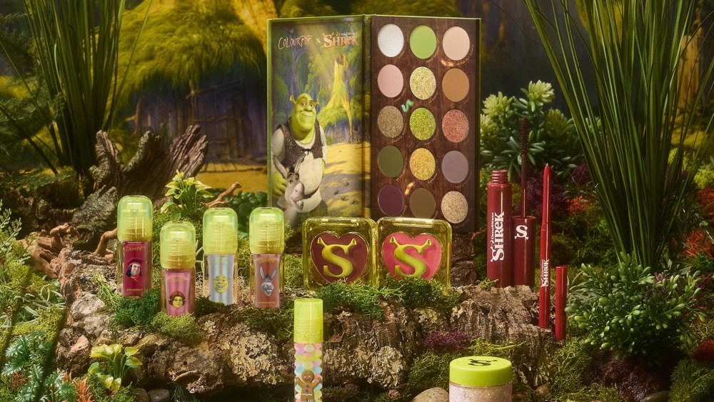 The full set of ColourPop's new DreamWorks Shrek makeup collection.