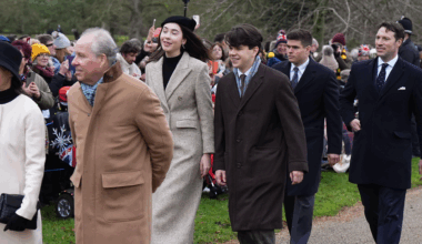 Eleanor Ekserdjian and Samuel Chatto wealking next to each other to church on Christmas Day with Arthur Chatto behind them