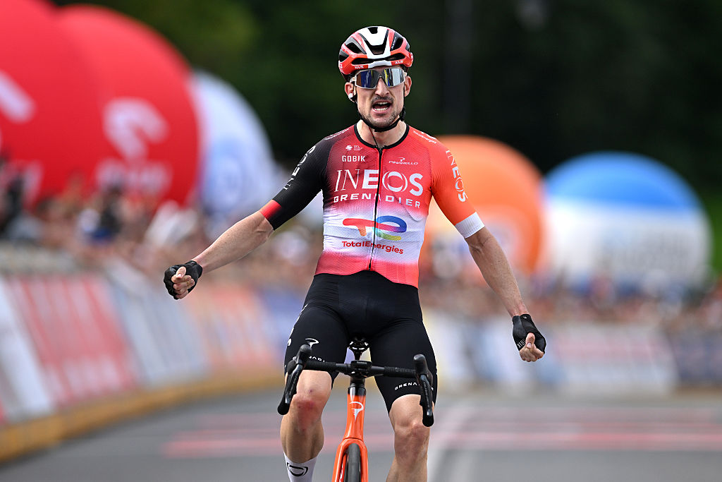 BUKOWINA TATRZANSKA, POLAND - AUGUST 09: Victor Langellotti of Monaco and Team INEOS Grenadiers celebrates at finish line as stage winner during the 82nd Tour de Pologne 2025, Stage 6 a 147.5km stage from Bukowina Resort to Bukowina Tatrzanska 943m / #UCIWT / on August 09, 2025 in Bukowina Tatrzanska, Poland. (Photo by Luc Claessen/Getty Images)
