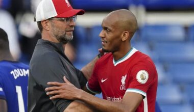 LONDON, ENGLAND - Sunday, September 20, 2020: Liverpool’s manager Jürgen Klopp embraces Fabio Henrique Tavares 'Fabinho' after the FA Premier League match between Chelsea FC and Liverpool FC at Stamford Bridge. The game was played behind closed doors due to the UK government’s social distancing laws during the Coronavirus COVID-19 Pandemic. (Pic by Propaganda)
