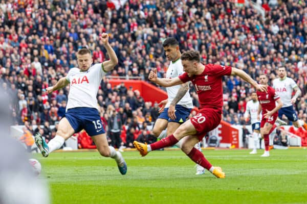 LIVERPOOL, ENGLAND - Sunday, April 30, 2023: Liverpool's Diogo Jota scores the fourth goal during the FA Premier League match between Liverpool FC and Tottenham Hotspur FC at Anfield. (Pic by David Rawcliffe/Propaganda)
