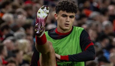LIVERPOOL, ENGLAND - Thursday, April 11, 2024: Liverpool's Stefan Bajcetic warms-up during the UEFA Europa League Quarter-Final 1st Leg match between Liverpool FC and BC Atalanta at Anfield. (Photo by David Rawcliffe/Propaganda)