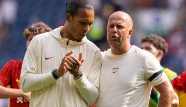 PRESTON, ENGLAND - Sunday, July 13, 2025: Liverpool's captain Virgil van Dijk and head coach Arne Slot look applaud the Liverpool fans after a pre-season friendly match between Preston North End FC and Liverpool FC at Deepdale. (Photo by David Rawcliffe/Propaganda)