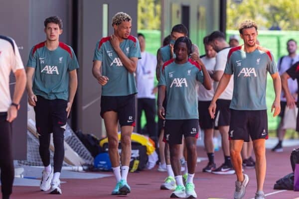 TOKYO, JAPAN - Tuesday, July 29, 2025: Liverpool's (L-R) goalkeeper Ármin Pécsi, Hugo Ekitike, Jeremie Frimpong and Curtis Jones during an open training session at the JFA Dream Field ahead of the Meiji Yasuda J.League World Challenge 2025 match between Yokohama F. Marinos and Liverpool FC. (Photo by David Rawcliffe/Propaganda)