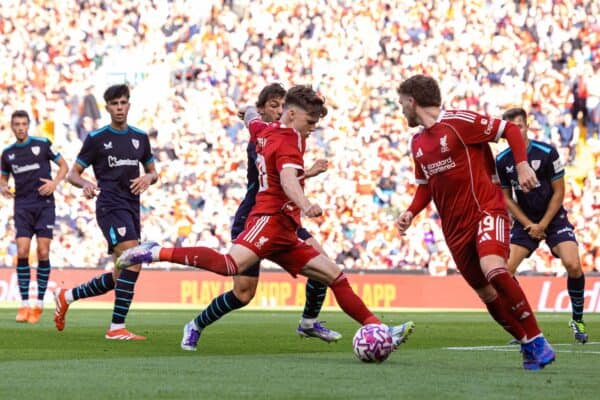 LIVERPOOL, ENGLAND - Monday, August 4, 2025: Liverpool's Ben Doak during a pre-season friendly match between Liverpool FC and Athletic Bilbao at Anfield. (Photo by David Rawcliffe/Propaganda)