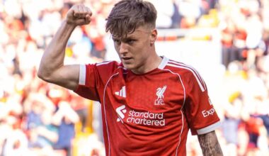LIVERPOOL, ENGLAND - Monday, August 4, 2025: Liverpool's Ben Doak celebrates after scoring the third goal during a pre-season friendly match between Liverpool FC and Athletic Bilbao at Anfield. (Photo by David Rawcliffe/Propaganda)
