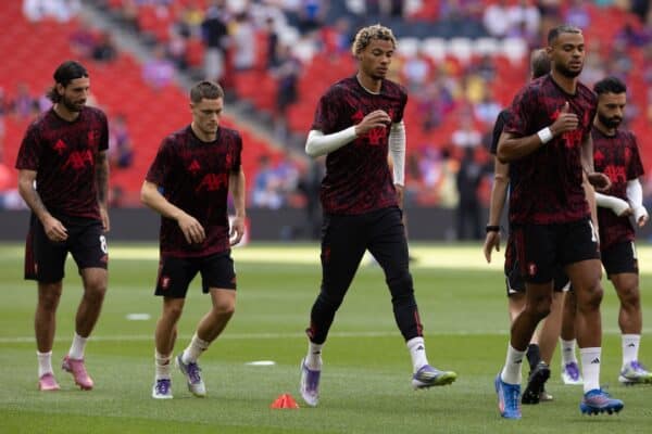 LONDON, ENGLAND - Sunday, August 10, 2025: Liverpool players (L-R) Dominik Szoboszlai, Florian Wirtz, Hugo Ekitike and Cody Gakpo warming up before the FA Community Shield match between Crystal Palace FC and Liverpool FC at Wembley Stadium. (Photo by David Rawcliffe/Propaganda)