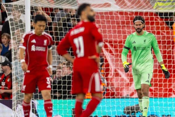 LIVERPOOL, ENGLAND - Friday, August 15, 2025: Liverpool players look dejected after conceeding the second equalising goal during the FA Premier League match between Liverpool FC and AFC Bournemouth at Anfield. (Photo by David Rawcliffe/Propaganda)