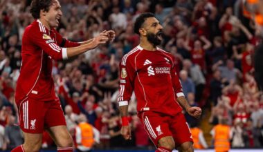 LIVERPOOL, ENGLAND - Friday, August 15, 2025: Liverpool's Mohamed Salah celebrates after scoring the fourth goal with teammate Federico Chiesa during the FA Premier League match between Liverpool FC and AFC Bournemouth at Anfield. (Photo by David Rawcliffe/Propaganda)