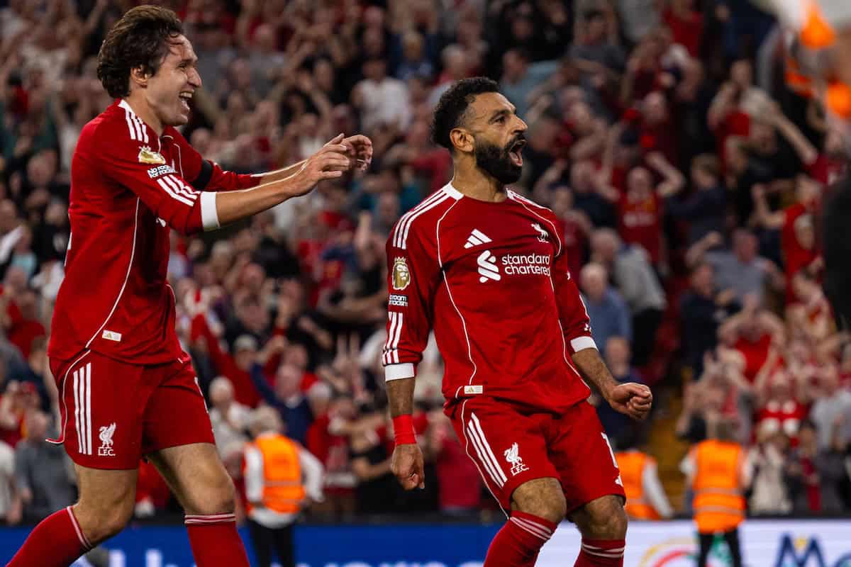 LIVERPOOL, ENGLAND - Friday, August 15, 2025: Liverpool's Mohamed Salah celebrates after scoring the fourth goal with teammate Federico Chiesa during the FA Premier League match between Liverpool FC and AFC Bournemouth at Anfield. (Photo by David Rawcliffe/Propaganda)