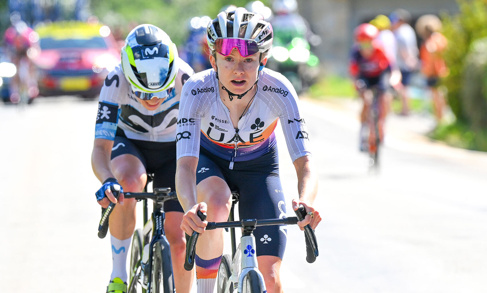 CHAMBERY, FRANCE - AUGUST 01: (L-R) Mareille Meijering of Netherlands and Team Movistar and stage winner Maeva Squiban of France and UAE Team ADQ attack in the breakaway during the 4th Tour de France Femmes 2025, Stage 7 a 159.7km stage from Bourg-en-Bresse to Chambery / #UCIWWT / on August 01, 2025 in Bourg-en-Bresse, France. (Photo by Tim de Waele/Getty Images)