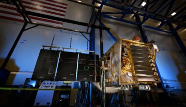 NASA's Lunar Trailblazer spacecraft sits in a clean room in August 2024 after undergoing environmental testing at Lockheed Martin Space in Littleton, Colorado.