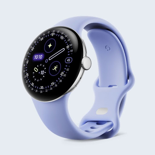 Pixel Watch 4 41mm with Polished Silver Aluminum case and Iris Active Band