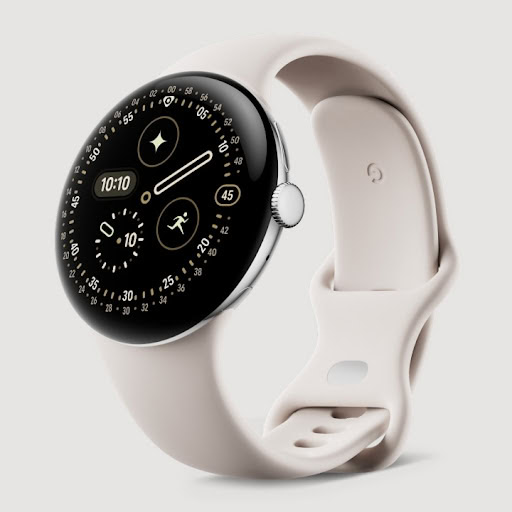 Pixel Watch 4 45mm with Polished Silver Aluminum case and Porcelain Active Band