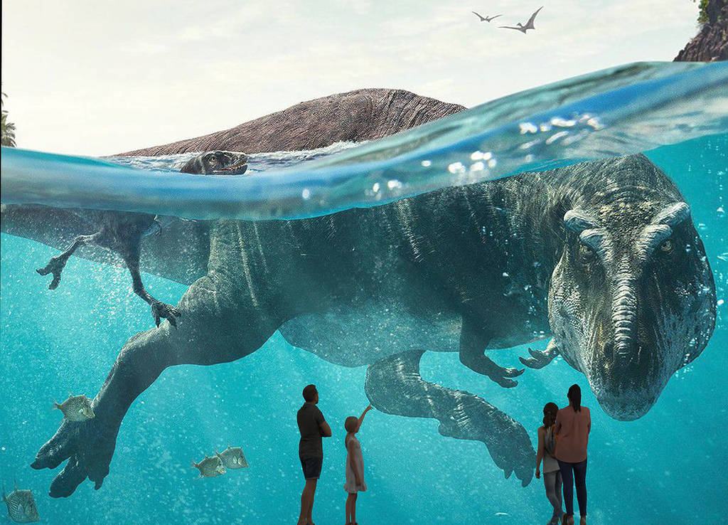 a fearsome image of a dinosaur in the water seemingly staring from an enormous screen at the people stood in front of it