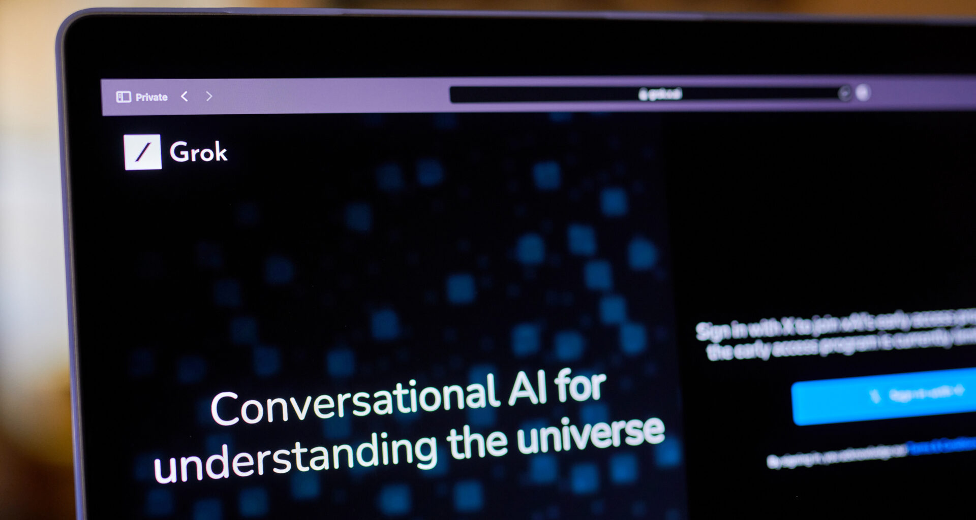 The Grok website on a laptop computer arranged in New York, US, on Wednesday, Nov. 8, 2023. Elon Musk revealed his own artificial intelligence bot, dubbed Grok, claiming the prototype is already superior to ChatGPT 3.5 across several benchmarks.