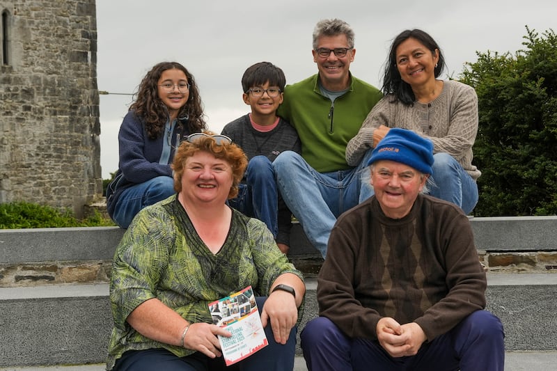 (Back row, left to right): Lizzie, Christian, Michael and Jane Brady; (front row, left to right): storytellers Frances Kennedy and Sonny Egan with this year’s 7th Annual Listowel International Storytelling programme at Listowel Castle. Photograph: Noel Sweeney.