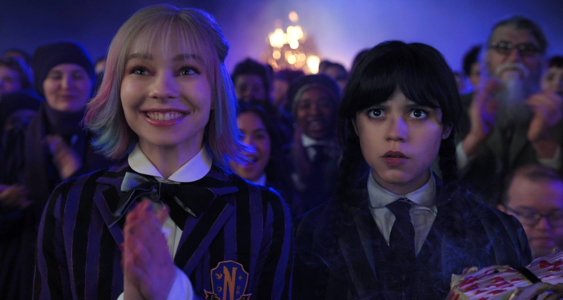 Wednesday (Jenna Ortega) and Enid (Emma Myers) in Wednesday season 2 part 1