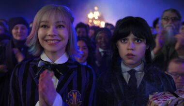 Wednesday (Jenna Ortega) and Enid (Emma Myers) in Wednesday season 2 part 1