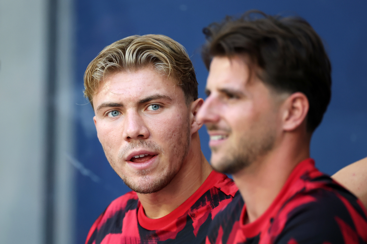 SOLNA, SWEDEN - JULY 19: Rasmus Hojlund of Manchester United looks on from the substitute bench prior to the pre-season friendly match between Manchester United and Leeds United at Strawberry Arena on July 19, 2025 in Solna, Sweden. (Photo by Linnea Rheborg/Getty Images)
