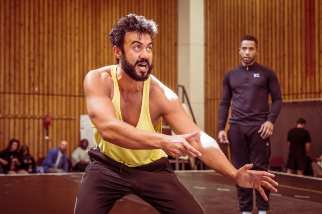 Reuben Johnson ((Bu)Bull) and Ukweli Roach (Dionysus) in rehearsals for Bacchae at the National Theatre. Photographer Marc Brenner 05080